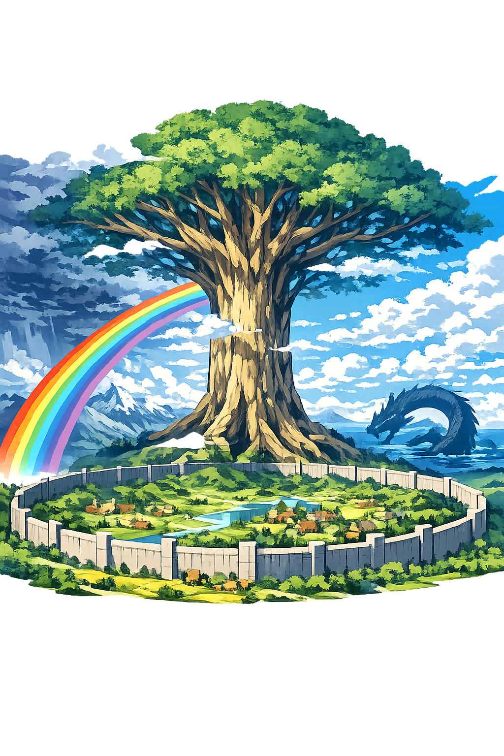 Miðgarðr — The world of mortals at the center of Yggdrasil, encircled by the World Serpent